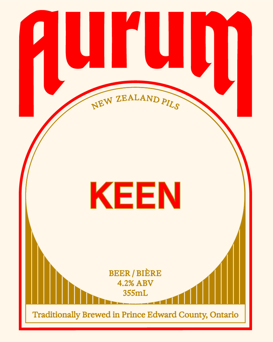 Aurum beer label that tells you the beer is called Keen. It's a New Zealand Pils that is 4.2% ABV.