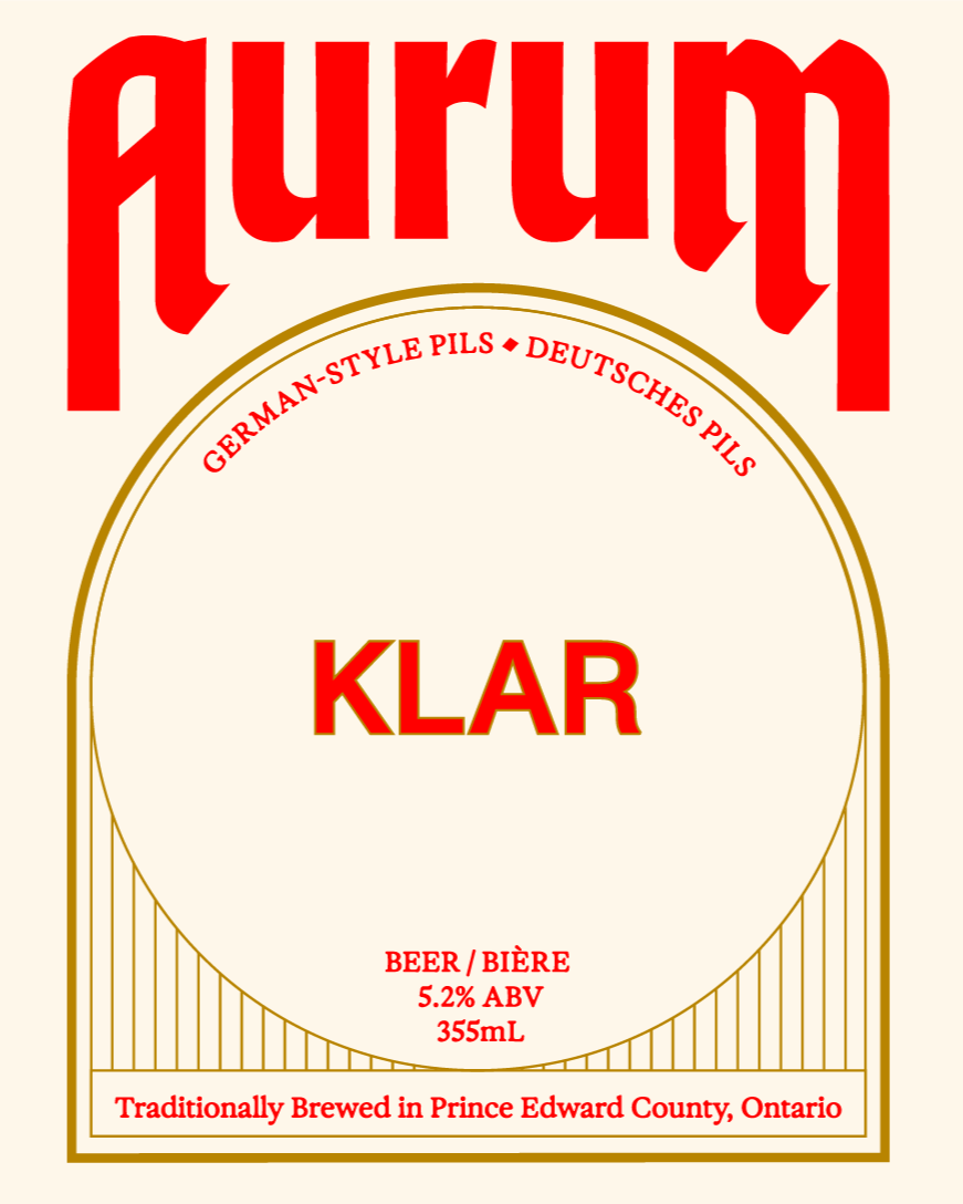 Aurum beer label that tells you the beer is called Klar, it's a German-style pils traditionally brewed in Prince Edward County Ontario and it's ABV is 5.4%